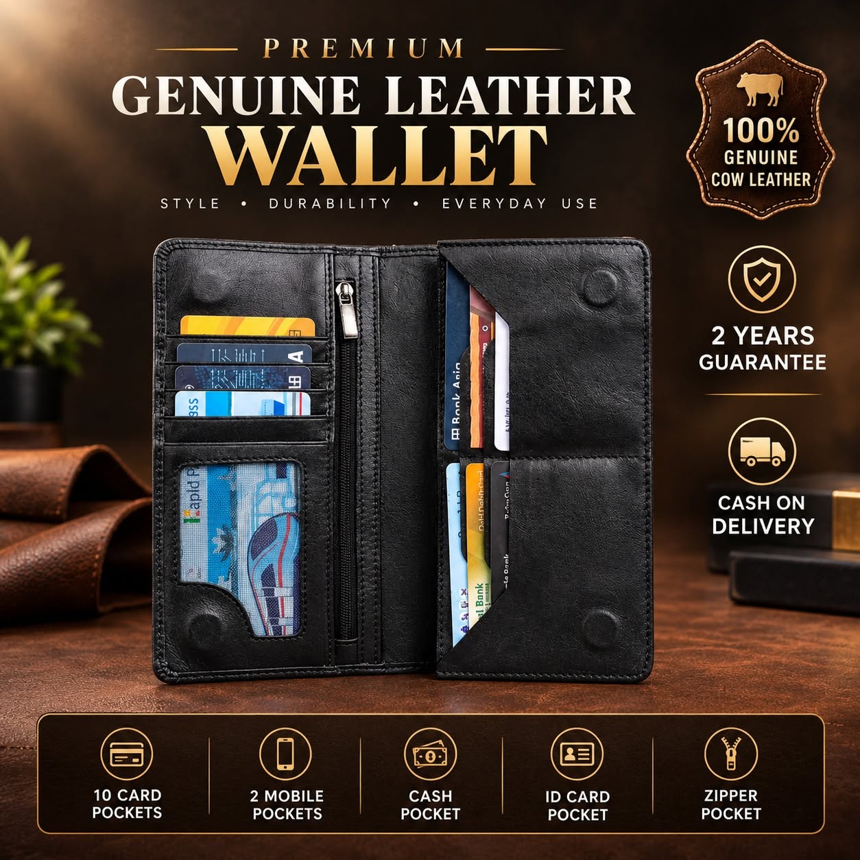 Double Gadget Genuine Leather Long Wallet - Black
