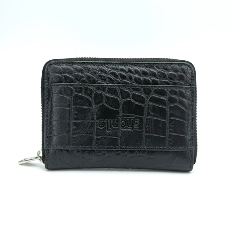 Round Zipper Genuine Leather Short Wallet - Crocodile Black
