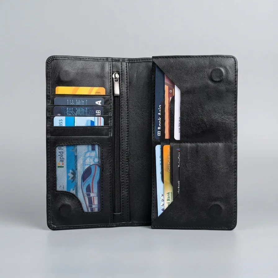 Single Gadget Genuine Leather Long Wallet - Black